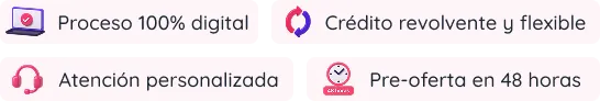 Íconos con texto que destacan proceso digital, crédito revolvente, servicio personalizado y pre-oferta en 48 horas.