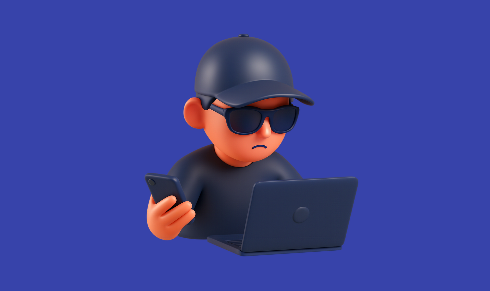 Hombre de caricatura con sombrero y lentes de sol usando un smartphone y una laptop sobre un fondo azul.