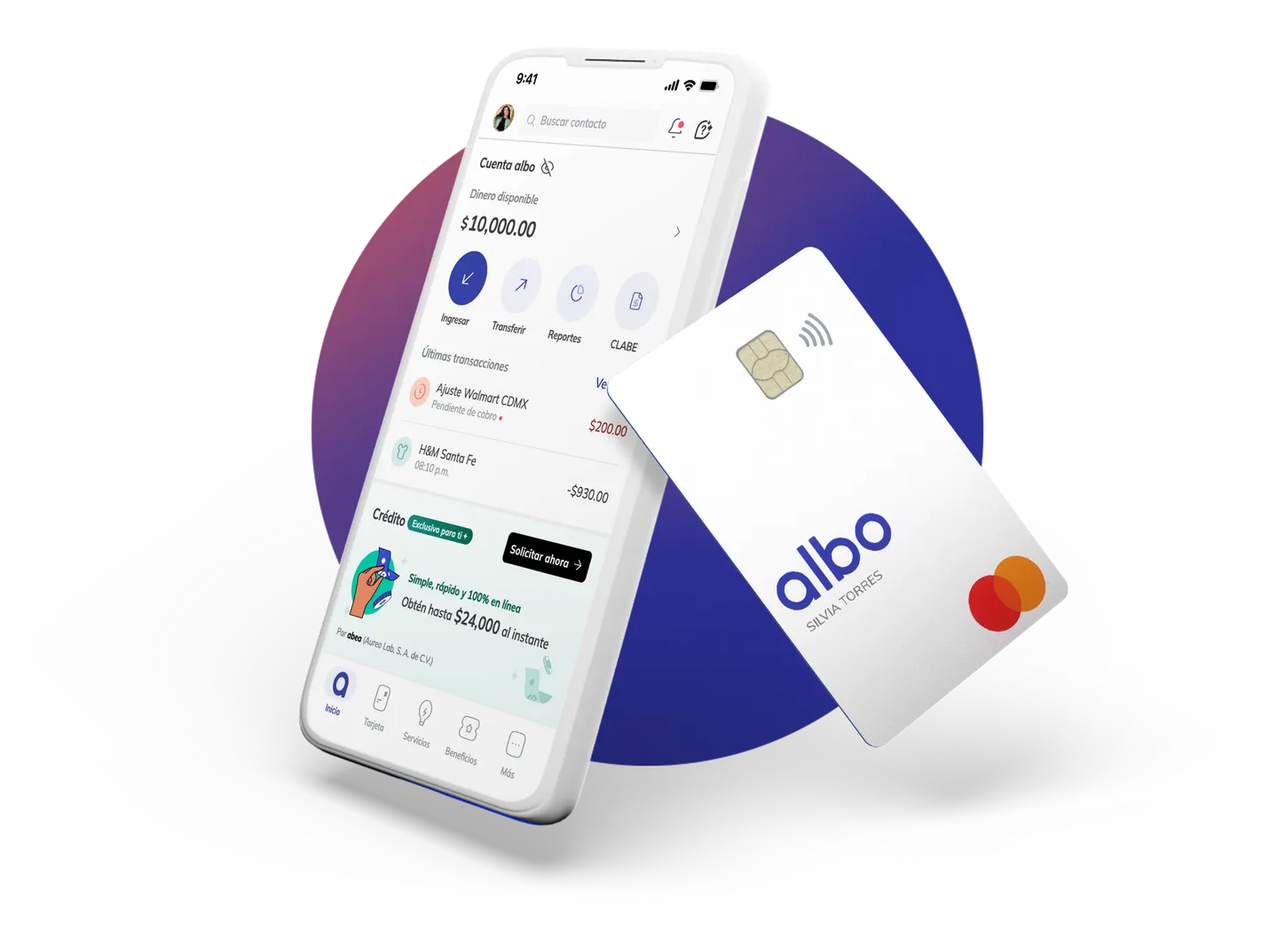 Smartphone showing a banking app screen with account balance and recent transactions, next to an Albo Mastercard.
