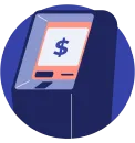 Smartphone displaying a dollar sign on screen in a blue circular background.