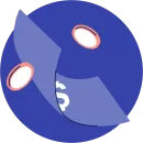 Close-up of a blue circular object with two oval white shapes and a curled edge.