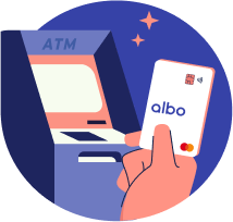 Mano sosteniendo una tarjeta con la etiqueta 'albo' cerca de un cajero automático con estrellas al fondo.