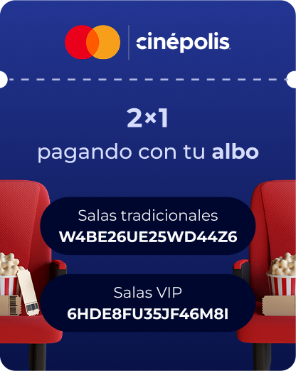 Promoción de boletos 2x1 en Cinépolis al pagar con tarjeta albo, con códigos para salas tradicionales y VIP.