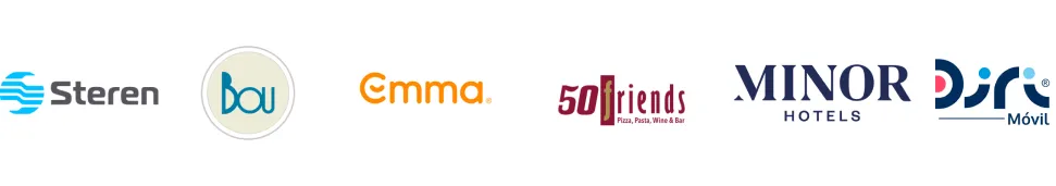 Logos of Steren, Bou, Emma, 50 Friends pizzeria, Minor Hotels, and Diri Móvil.