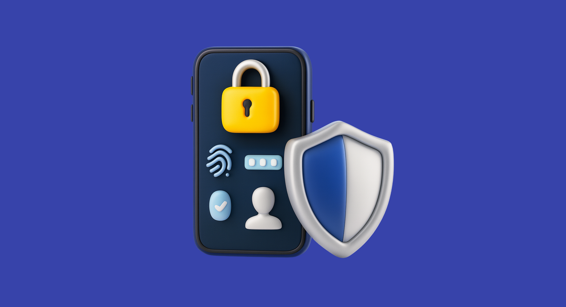 Smartphone con íconos de seguridad que incluyen candado, huella digital, contraseña, usuario y escudo para protección de datos
