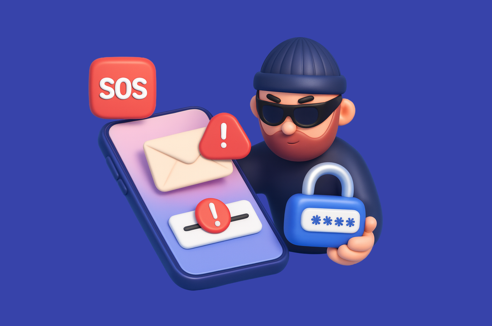 Ladrón de caricatura con un candado y teléfono mostrando íconos de SOS y advertencia para una alerta de seguridad.
