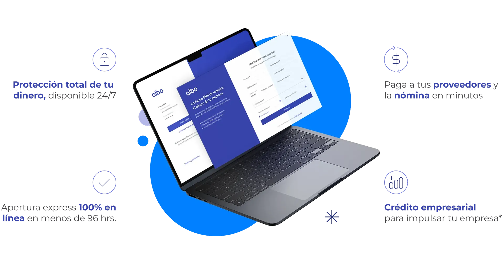 Laptop abierta con la app de albo mostrando pantallas de gestión de dinero empresarial y apertura de cuenta.