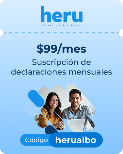 Oferta de suscripción a Heru para declaraciones fiscales mensuales a $99 al mes con el código de descuento herualbo.