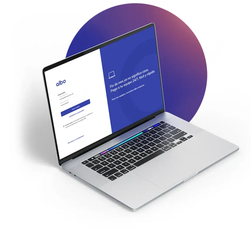 Silver laptop showing a bilingual login screen for Albo with a blue and white interface.