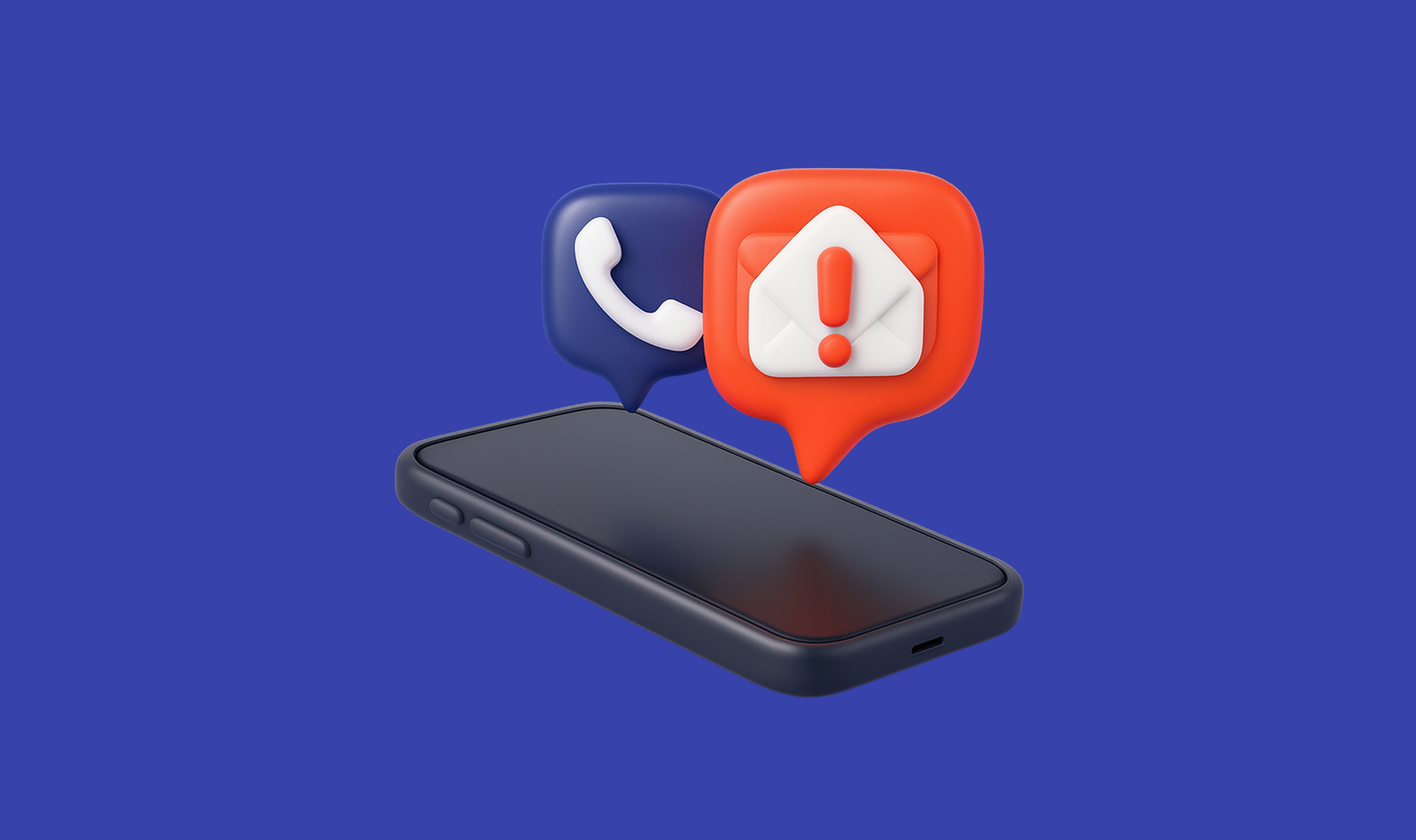 Smartphone con íconos de llamada telefónica y notificación de correo electrónico de alerta sobre un fondo azul.