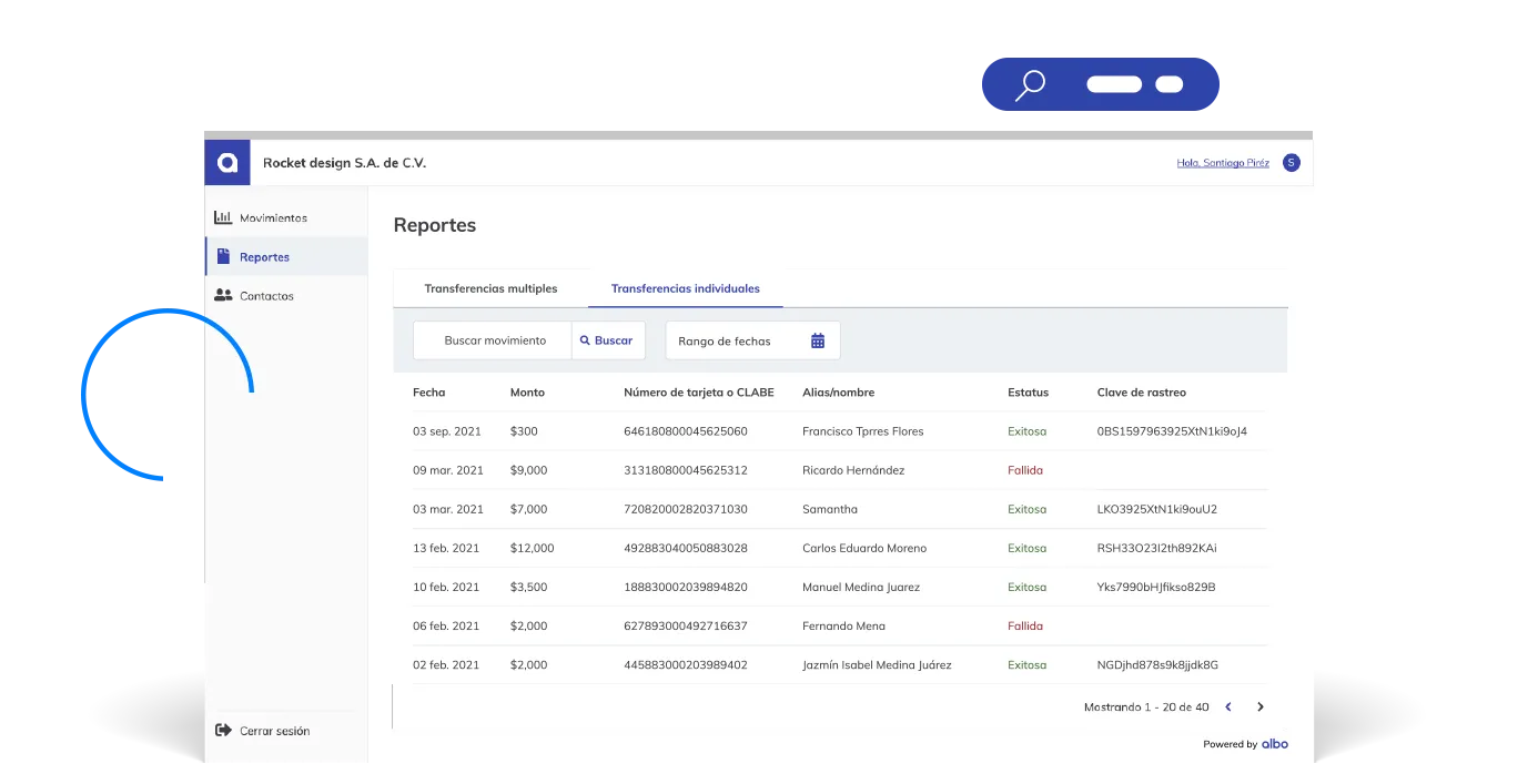 Reporte financiero mostrando transferencias individuales con fechas, montos, números de tarjeta, nombres, estatus y códigos de rastreo.