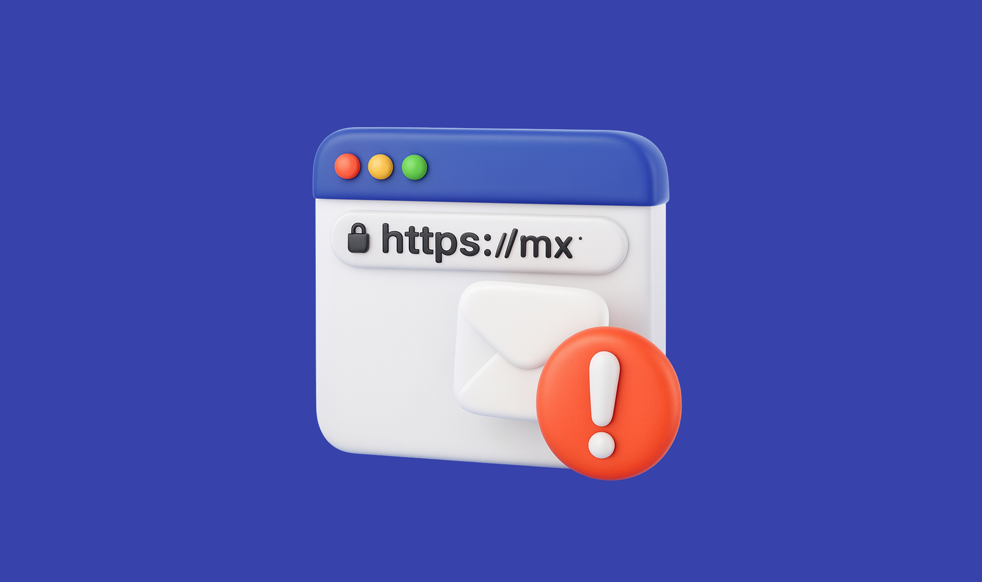 Ventana de navegador con una URL segura HTTPS y un ícono de sobre con un símbolo de advertencia rojo.