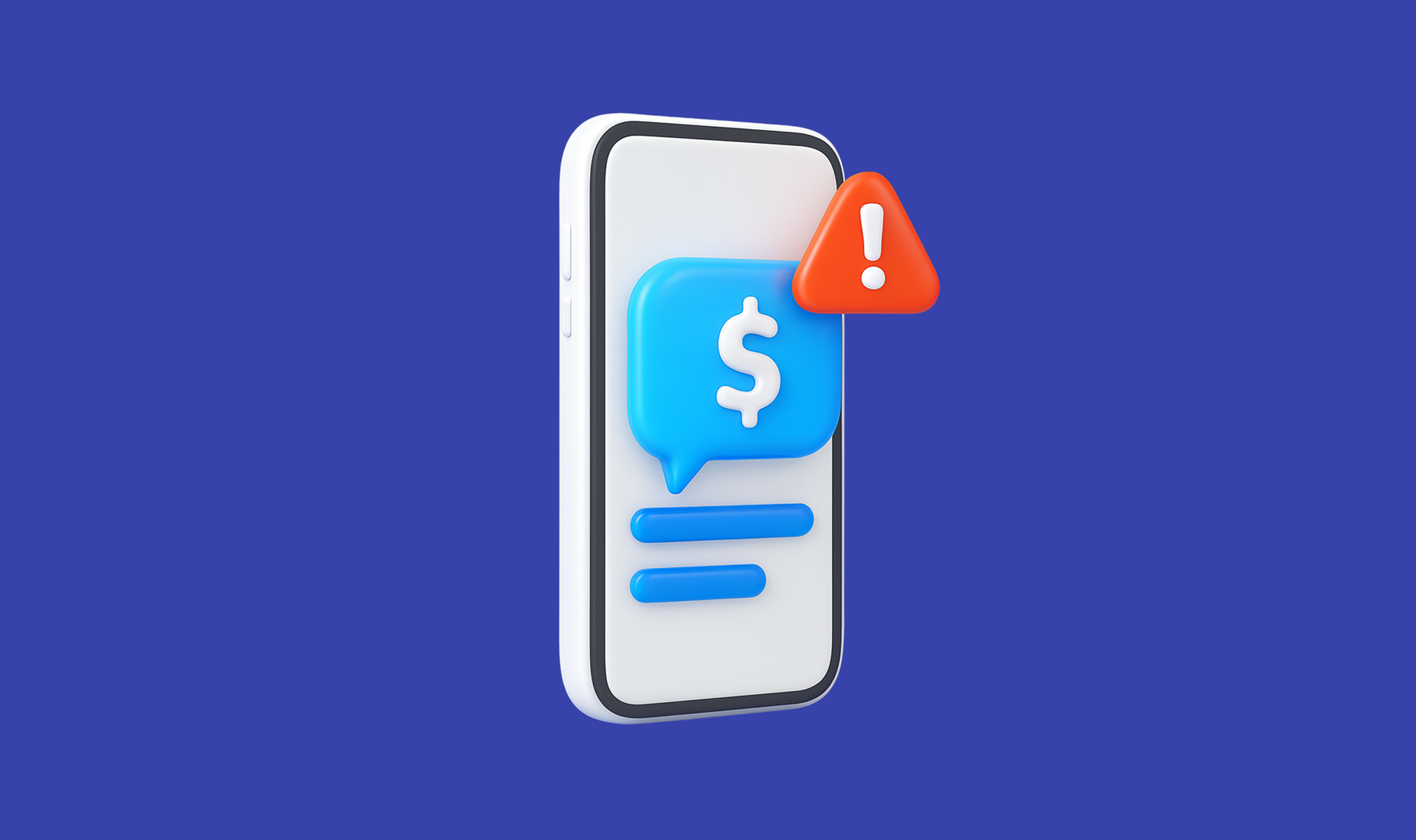 Pantalla de smartphone con burbuja de chat con signo de dólar azul e ícono de alerta de advertencia rojo sobre fondo morado.