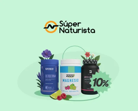 Tres frascos de suplementos con frutas y flores rodeados de una insignia de descuento del 10% y el logo de Súper Naturista.